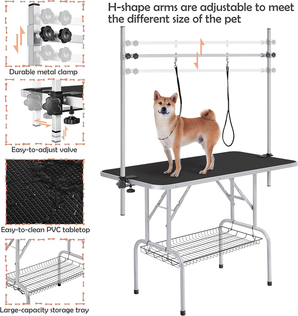 46'' Pet Grooming Table for Large Dogs Adjustable Height Portable Trimming Table Drying Table W/Arm/Noose/Mesh Tray Maximum Capacity up to 265Lb, Black