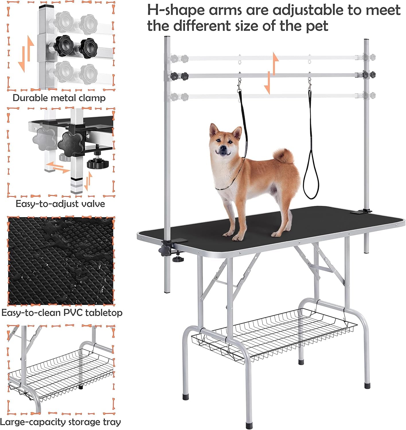 46'' Pet Grooming Table for Large Dogs Adjustable Height Portable Trimming Table Drying Table W/Arm/Noose/Mesh Tray Maximum Capacity up to 265Lb, Black