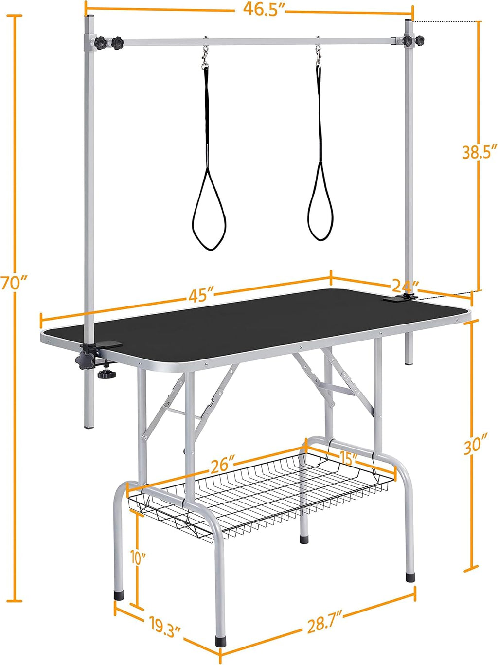 46'' Pet Grooming Table for Large Dogs Adjustable Height Portable Trimming Table Drying Table W/Arm/Noose/Mesh Tray Maximum Capacity up to 265Lb, Black