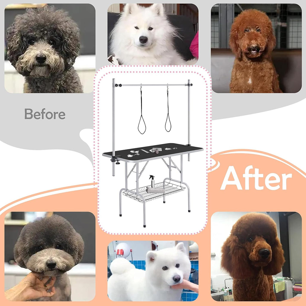 46'' Pet Grooming Table for Large Dogs Adjustable Height Portable Trimming Table Drying Table W/Arm/Noose/Mesh Tray Maximum Capacity up to 265Lb, Black
