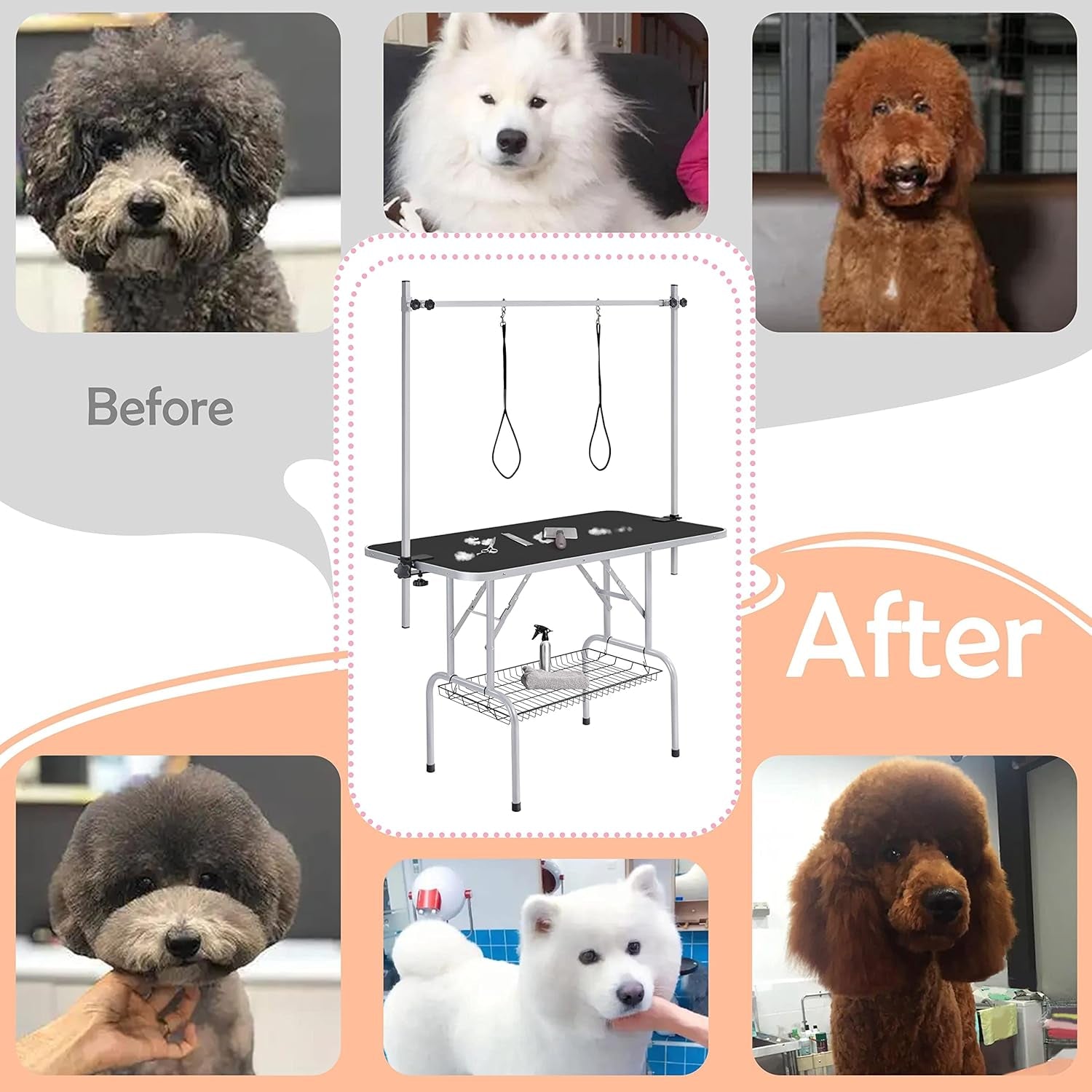 46'' Pet Grooming Table for Large Dogs Adjustable Height Portable Trimming Table Drying Table W/Arm/Noose/Mesh Tray Maximum Capacity up to 265Lb, Black