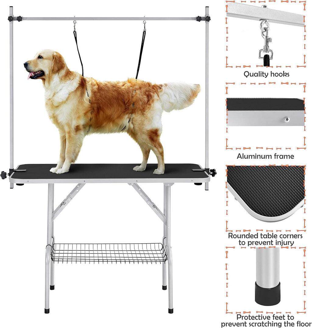 46'' Pet Grooming Table for Large Dogs Adjustable Height Portable Trimming Table Drying Table W/Arm/Noose/Mesh Tray Maximum Capacity up to 265Lb, Black