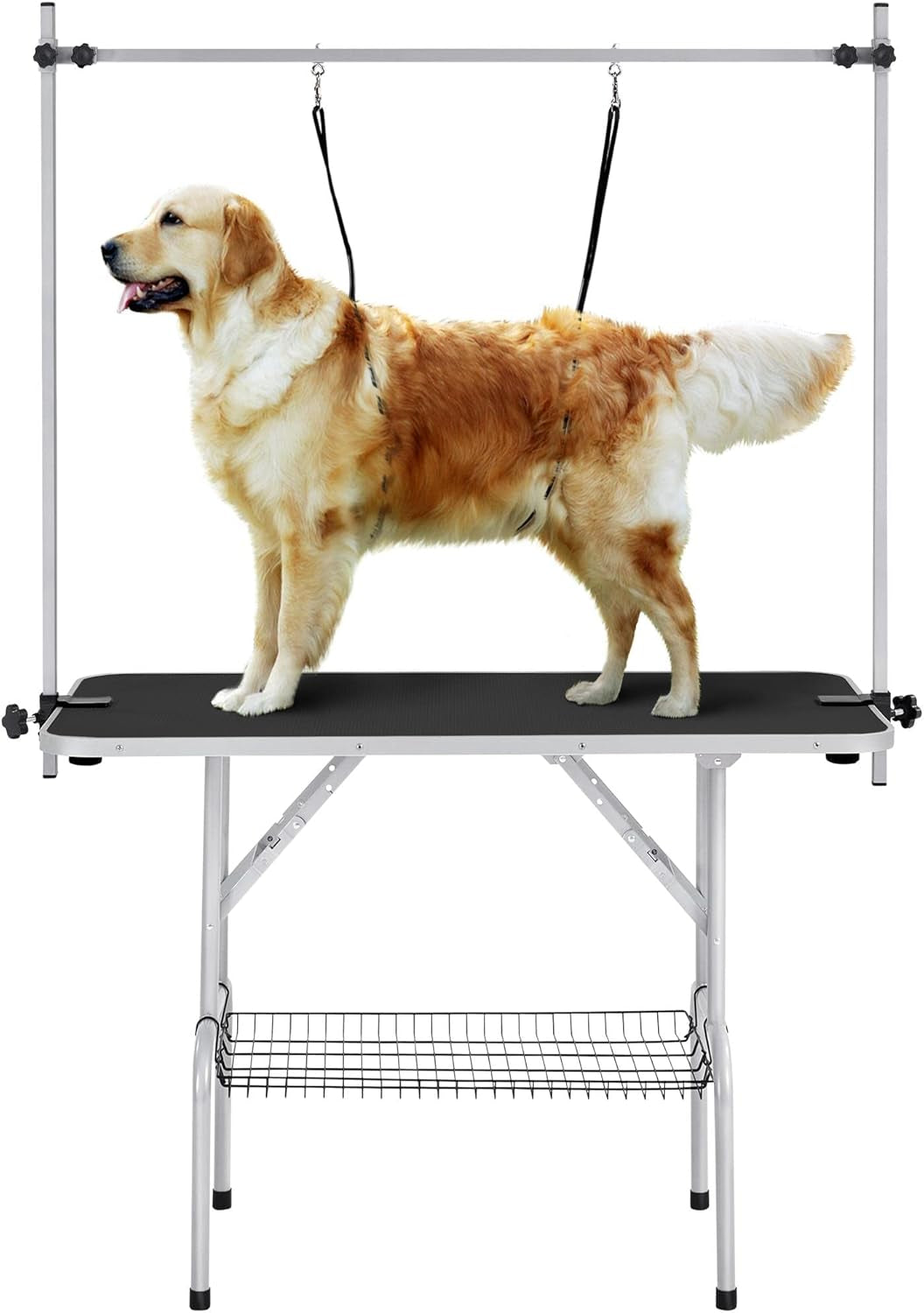 46'' Pet Grooming Table for Large Dogs Adjustable Height Portable Trimming Table Drying Table W/Arm/Noose/Mesh Tray Maximum Capacity up to 265Lb, Black